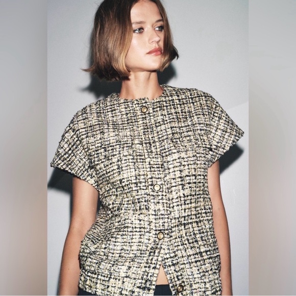 Zara Tops - Zara collection black gold sequin tweed button down short sleeve blouse XS S
